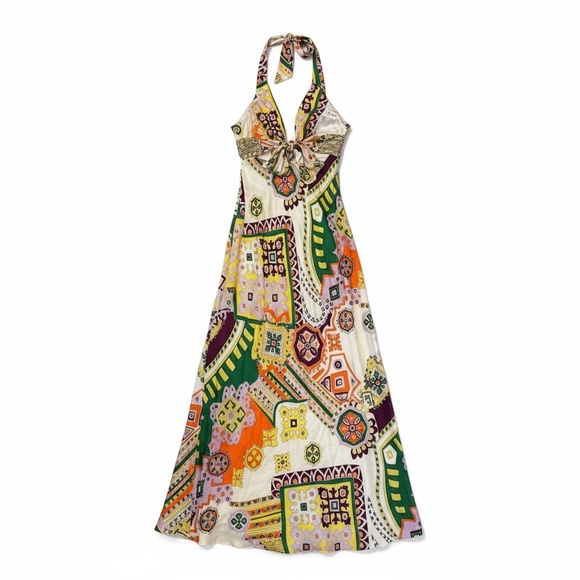 MARY L Couture Halter Dress - Multi Print Yellow Beaded Sz 4 Vintage Y2K Exotic - Picture 2 of 7